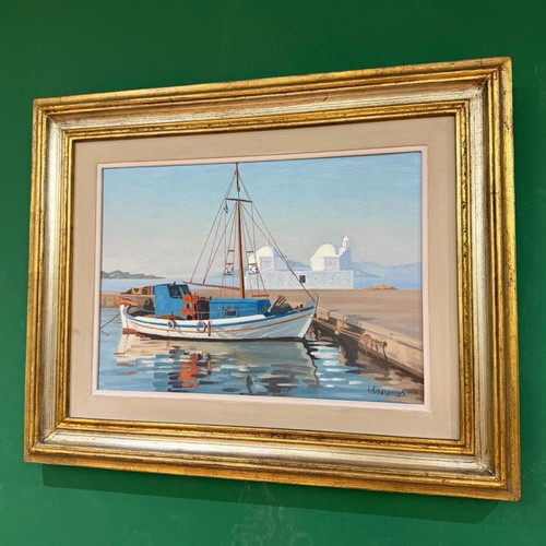 Oil painting by I. Sergoulopoulos used, framed, Aegina - Agios Nikolaos harbor