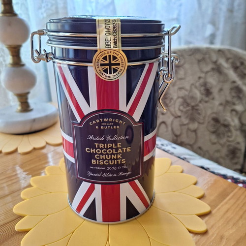 Metal biscuit tin with triple chocolate chunks, new, England