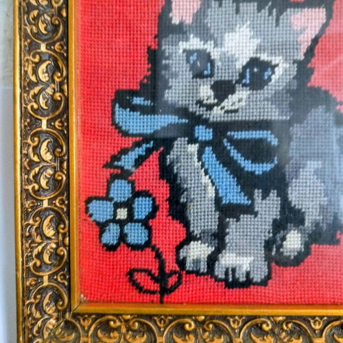 Vintage embroidered cat painting with frame and glass, like new