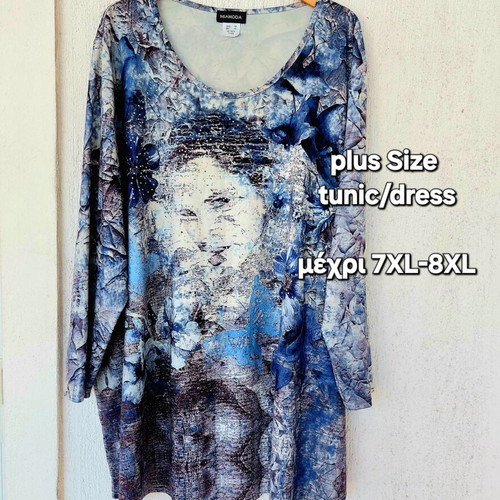 Miamoda plus size dress with sparkling rhinestones and face print, blue/grey