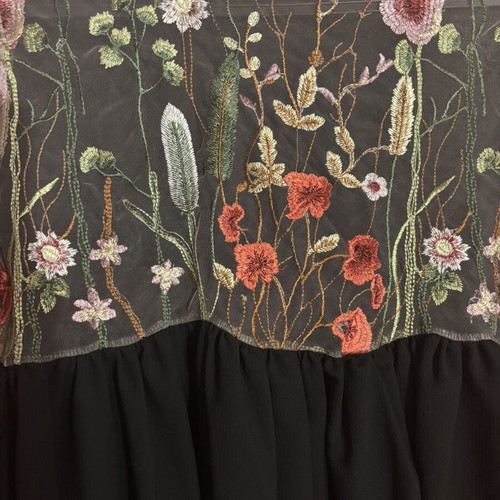 Coocu Black Blouse with Embroidered Floral Tulle Sleeves, Like New, Size M
