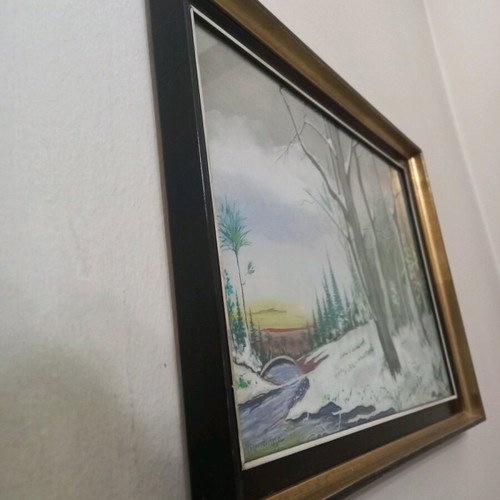 Framed painting with snowy landscape and gilded frame, like new