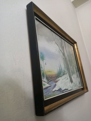 Framed painting with snowy landscape and gilded frame, like new