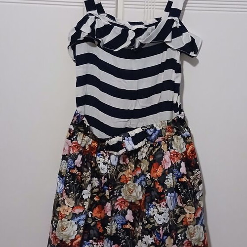 Mini dress with striped top and integrated floral skirt like new, size S