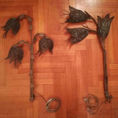 Handmade bronze wall lights used, pair of 1970 sconces