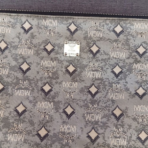 MCM Aren Monogram Jacquard Pouch used, gray charcoal wristlet clutch