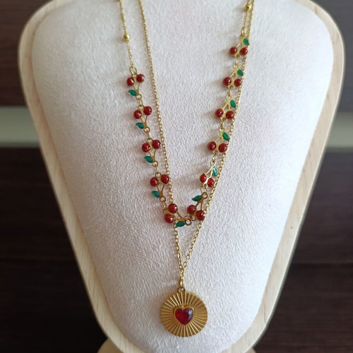 Stainless Steel Necklace with Cherries and Heart like new, red and gold