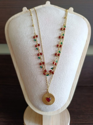 Stainless Steel Necklace with Cherries and Heart like new, red and gold