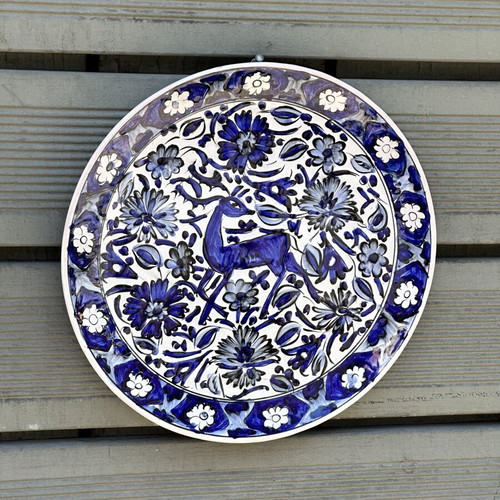 Large Handmade Ikaros Ceramic Plate with Blue Deer Design, used