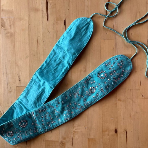 Blue fabric belt with rhinestones used, adjustable