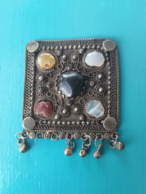 Vintage ethnic pendant with natural stones used, 5 x 6 cm