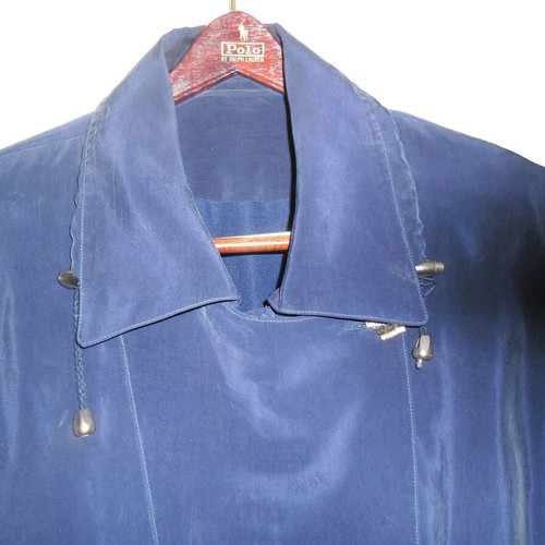 Silk blue jacket like new, long with silver buttons