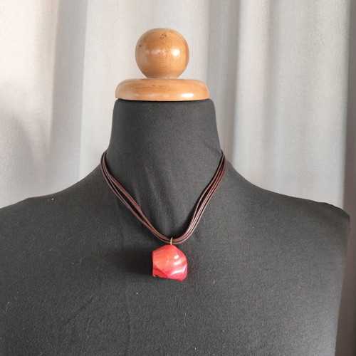 Boho necklace with natural red coral pendant and brown multi-strand cord