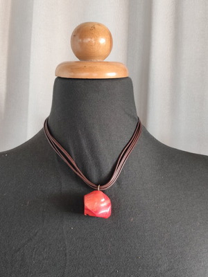 Boho necklace with natural red coral pendant and brown multi-strand cord