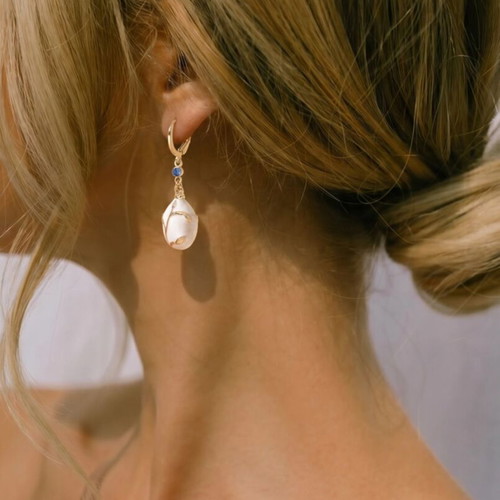 Designer Gold Drop Earrings with Pearl Effect and Blue Crystal, New