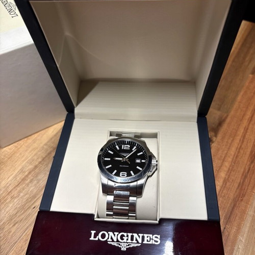 Longines Conquest Quartz 41mm watch, black dial, steel bracelet