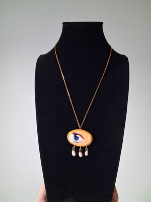 Handmade eye necklace with real pearls on gold chain new
