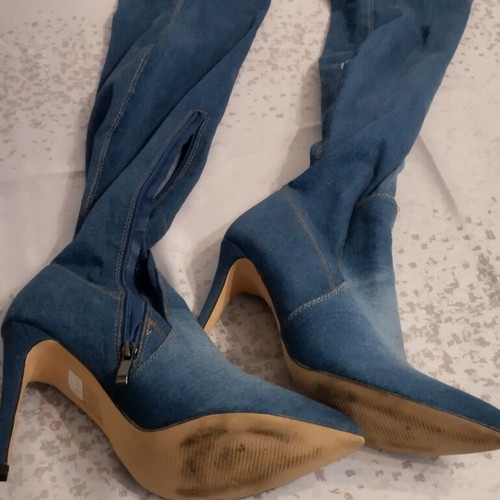 Over-the-knee boots used, blue with 9cm high heel and distressed design