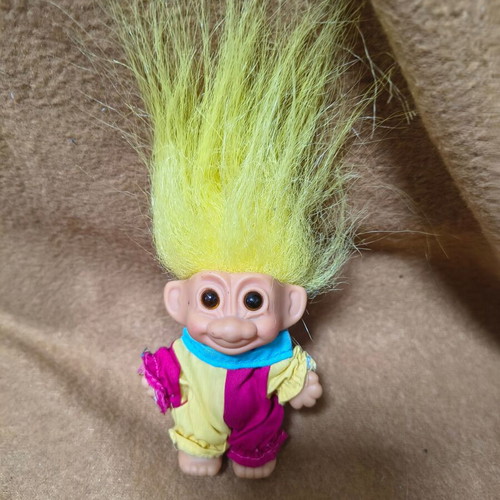Russ Troll doll clown with yellow hair vintage blue yellow pink outfit like new