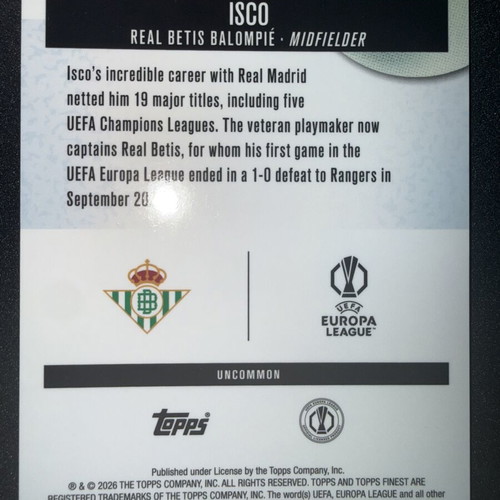2025-26 Topps Finest UEFA Europa League Isco Purple Speckle Refractor #17/25 like new