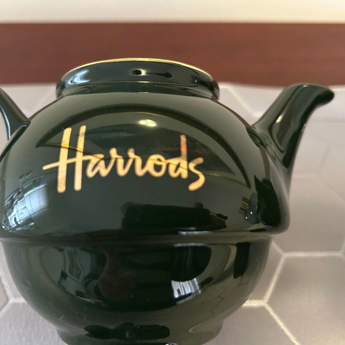 Harrods 12oz green teapots set of 2 with gold logo new