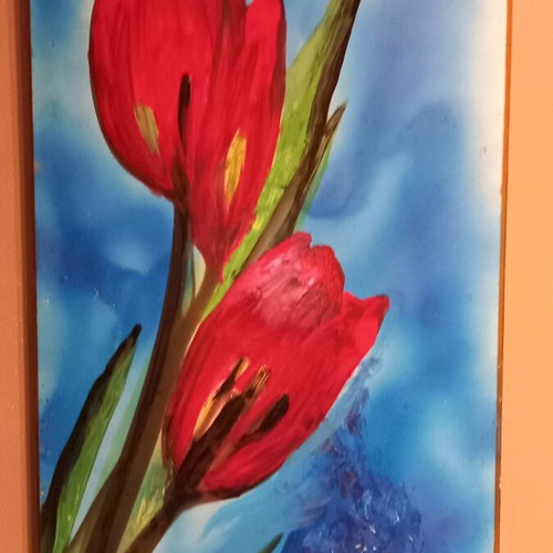Painting 25x45cm like new, acrylic and tempera on wood, K. Kartsomakis