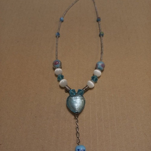 Handmade glass Y-necklace with blue heart and Murano beads, like new