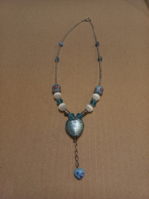 Handmade glass Y-necklace with blue heart and Murano beads, like new