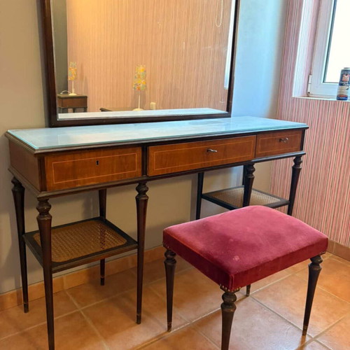 Vintage dressing table used with mirror, stool and two nightstands