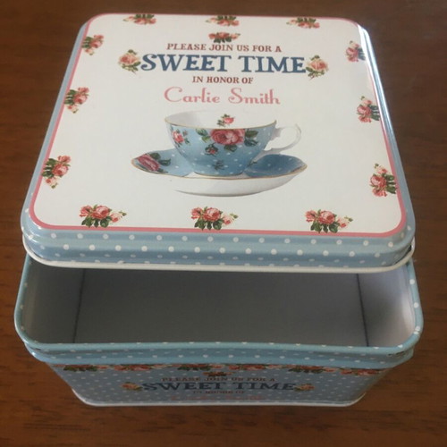 Metal box like new, square with blue polka dots and flowers