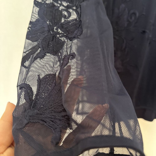 White House Black Market navy blue sheer mesh top with embroidered floral details size small new