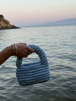 Handmade blue crochet handbag with T-shirt yarn