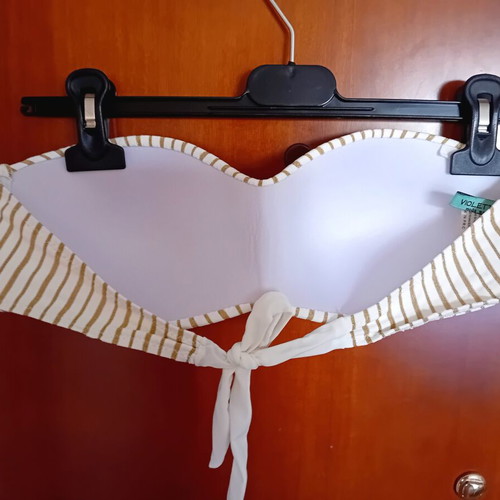 Strapless swimsuit bra like new, beige with gold stripes, size L