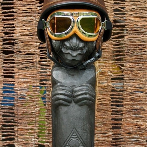 Motorcycle helmet brown retro USA army with goggles