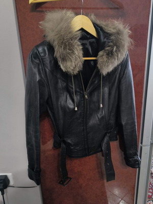 Leather jacket with genuine fur collar