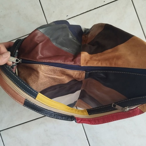 Multicolor genuine leather patchwork sling backpack