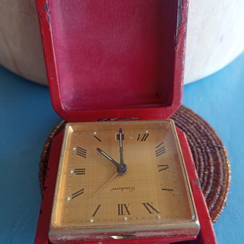 Bucherer Alarm Clock Used With Date And Gold Dial In Red Leather Case