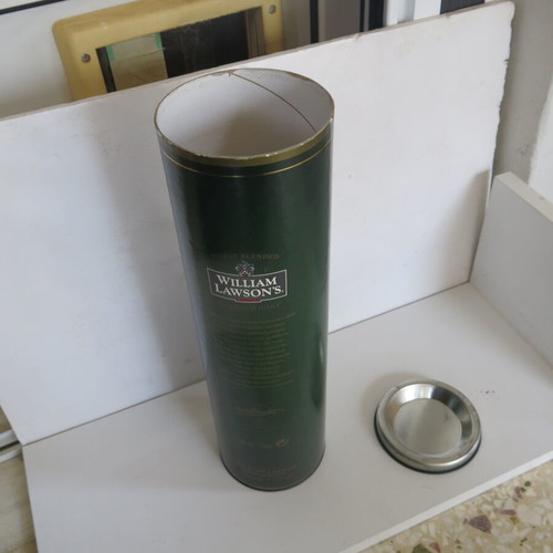William Lawson's box used, cylindrical cardboard with metal lid