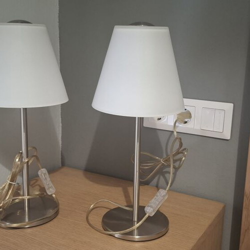 Viokef table lamps like new, white glass and inox, height 42 cm