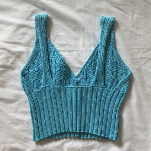 Knitted blue top used, missing one button