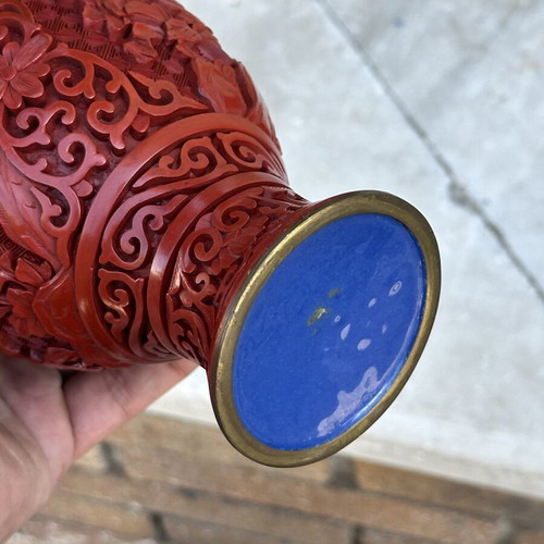 Vintage red carved vase with embossed flowers used, 19cm