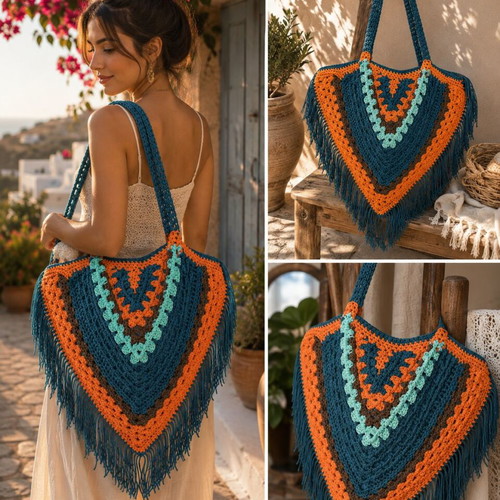Boho Riviera handmade crochet shoulder bag, multicolor