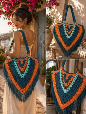 Boho Riviera handmade crochet shoulder bag, multicolor
