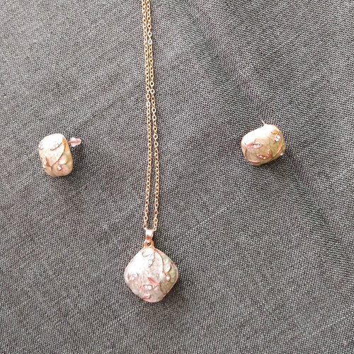 Jewelry set new, green enamel necklace and earrings with rose gold details