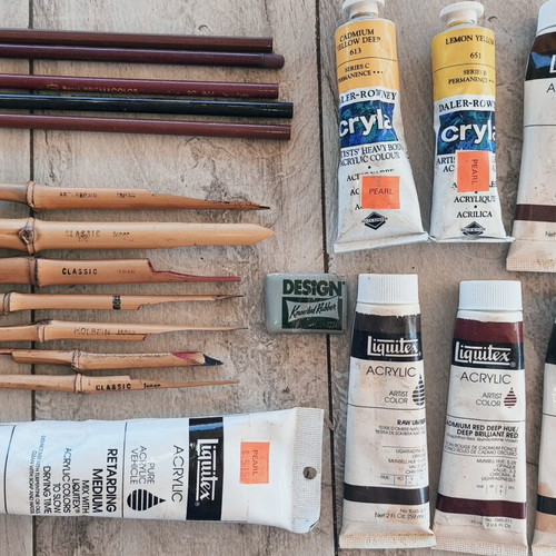 Traditional Japanese Bamboo Pens and Ligultex Acrylic Paints used