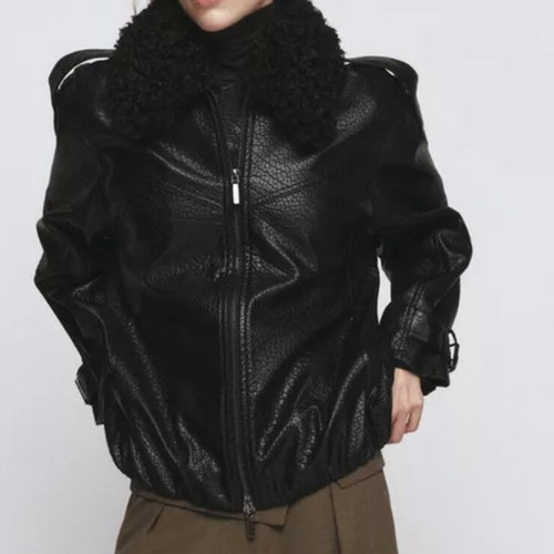 Zara jacket size L with removable fur, black