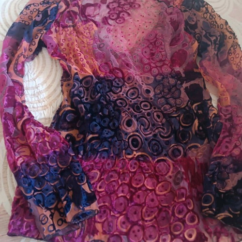 Boho blouse Te Quiero Sheer like new, colorful print, size Small