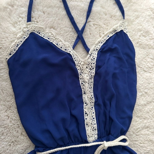 Blue jumpsuit size S like new with white knit and belt Owtwo