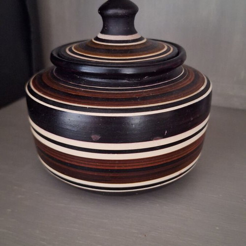 Ceramic traditional handmade container with lid, used, 1970s