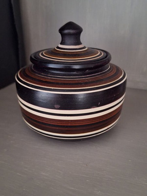 Ceramic traditional handmade container with lid, used, 1970s